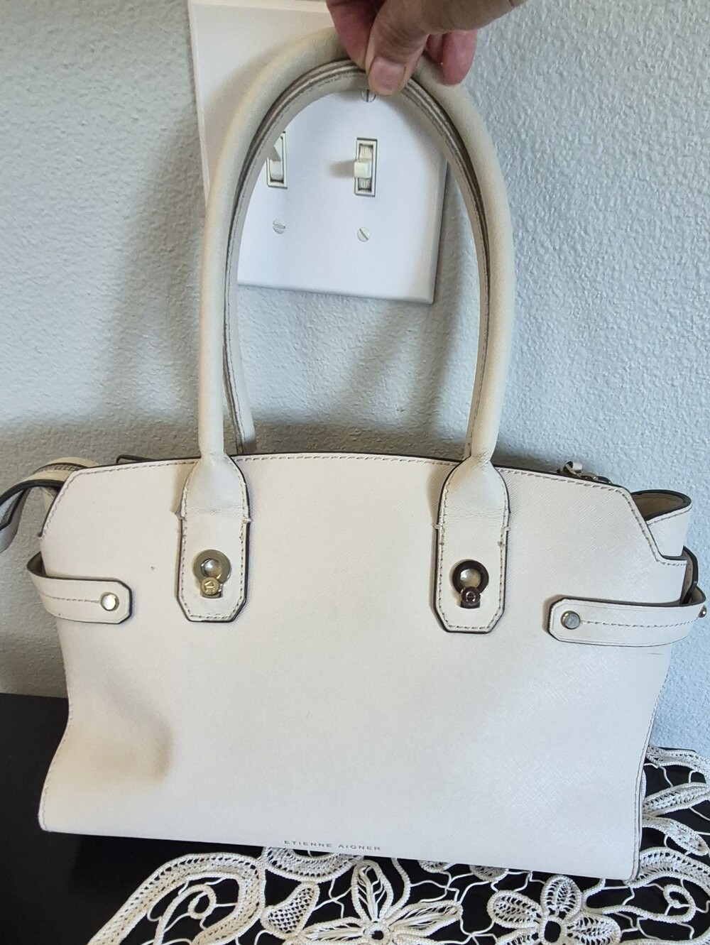 Etienne Aigner Cream White Leather Top Handle Satchel Handbag Logp